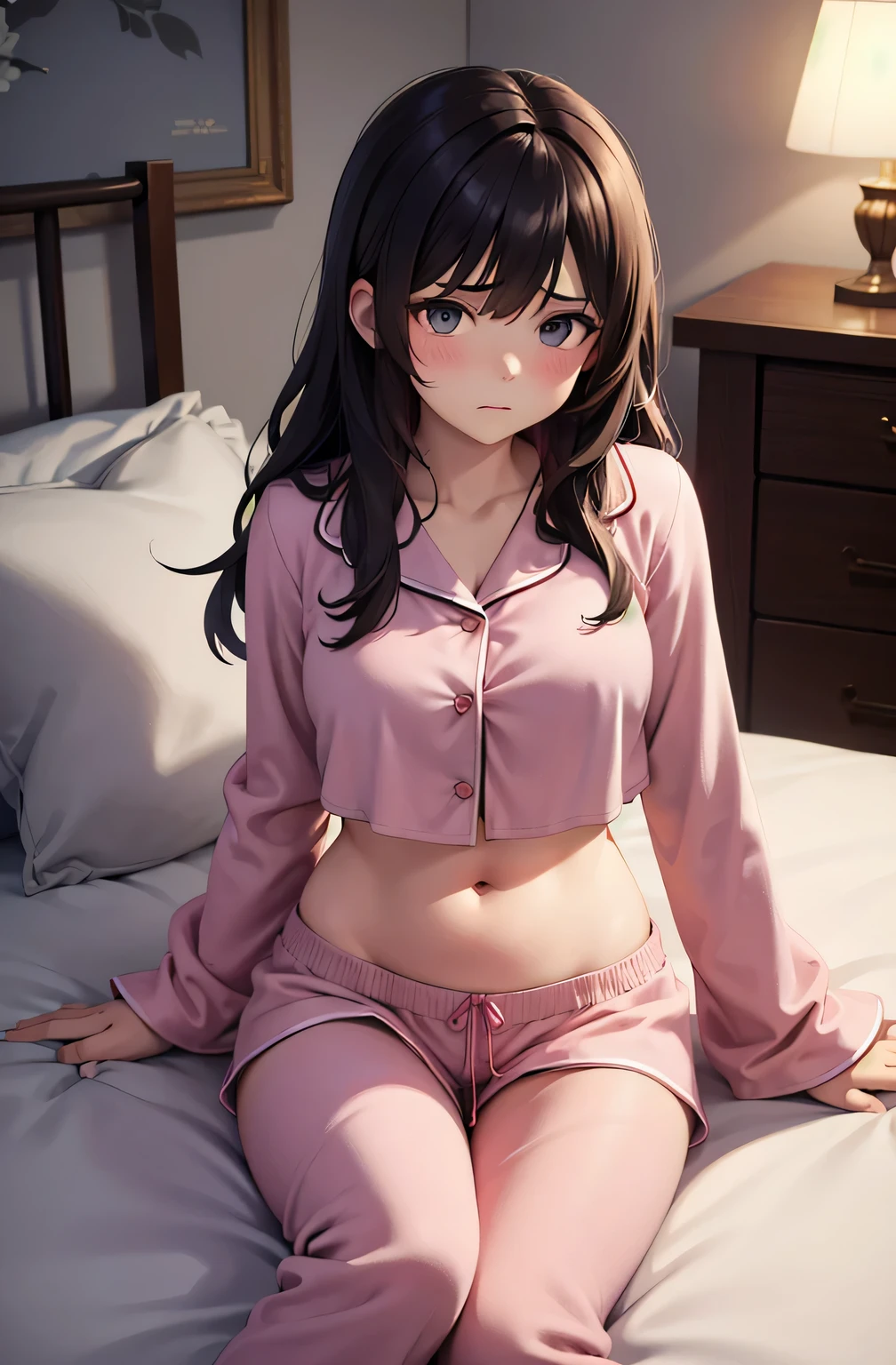 super fine illustration, vibrant colors, masterpiece, sharp focus, best quality, depth of field, cinematic lighting, ultra detailed, sleeves, crop top, pajamas, button up, pajama pants, drawstring, belly button, innie, wide hips, 1 woman, home, solo, milf, very messy hair, dark color hair, long hair, slender, blush, room, indoors, annoyed, mature female, tall woman, medium breasts, looking down, bed, lying on side