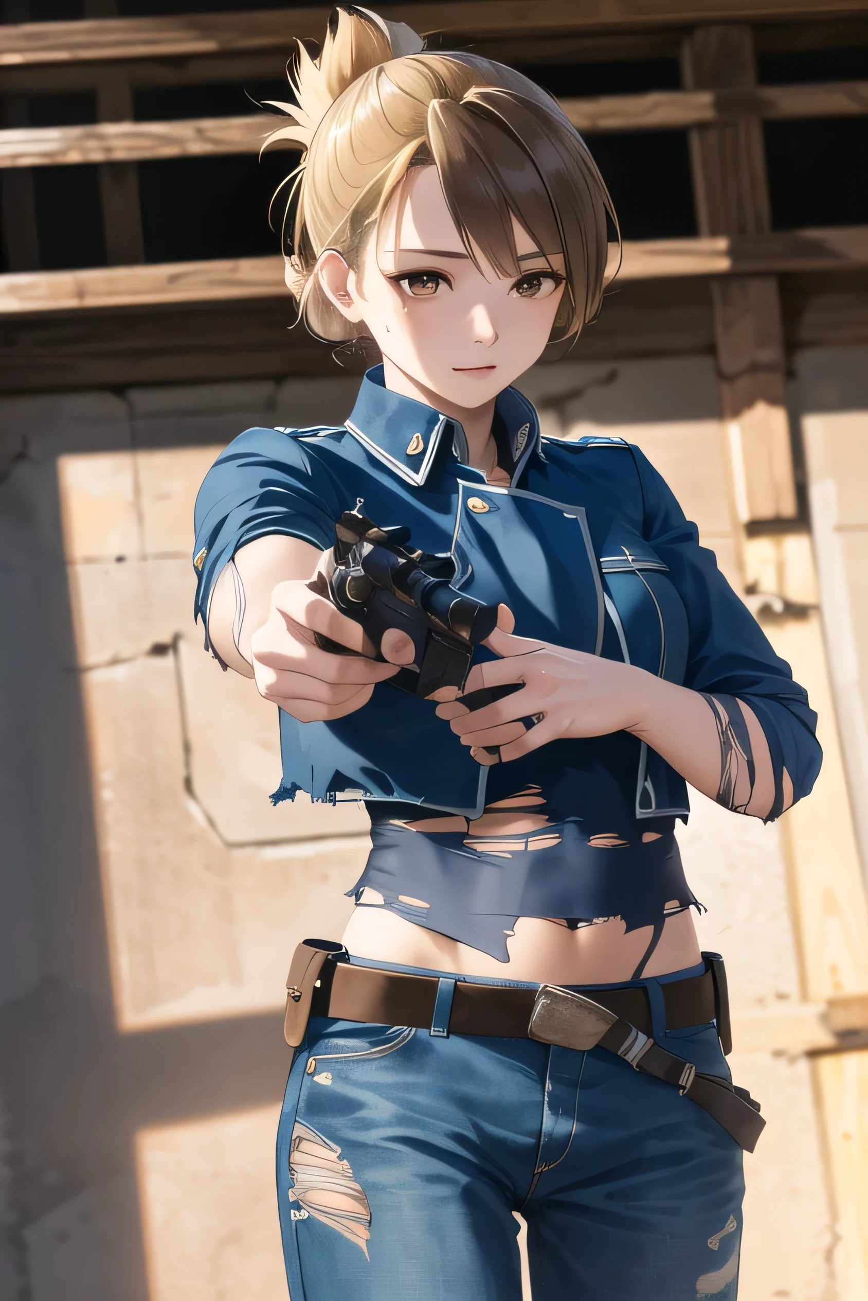 masterpiece, highest quality, High resolution, One girl, Blue jacket, Blue pants,Hamriz, Folded ponytail, ((Brown eyes)), Medium chest,  Cowboy Shot, View your viewers,holding a rifle, Aiming, Gun Action:1.5, masterpiece, Detailed Shadows, Detailed light, Very detailed, ((Dirty and very torn military uniform)), (Torn military uniform:1.5),  ((masterpiece)), (((highest quality))), ((Super detailed)) , break (masterpiece:1.2), highest quality, High resolution, unity 8k wallpaper, (figure:0.8), (Beautiful and detailed brown eyes:1.6), Very detailedな顔, Perfect lighting, Extremely detailed CG, (Perfect hands, Perfect Anatomy),