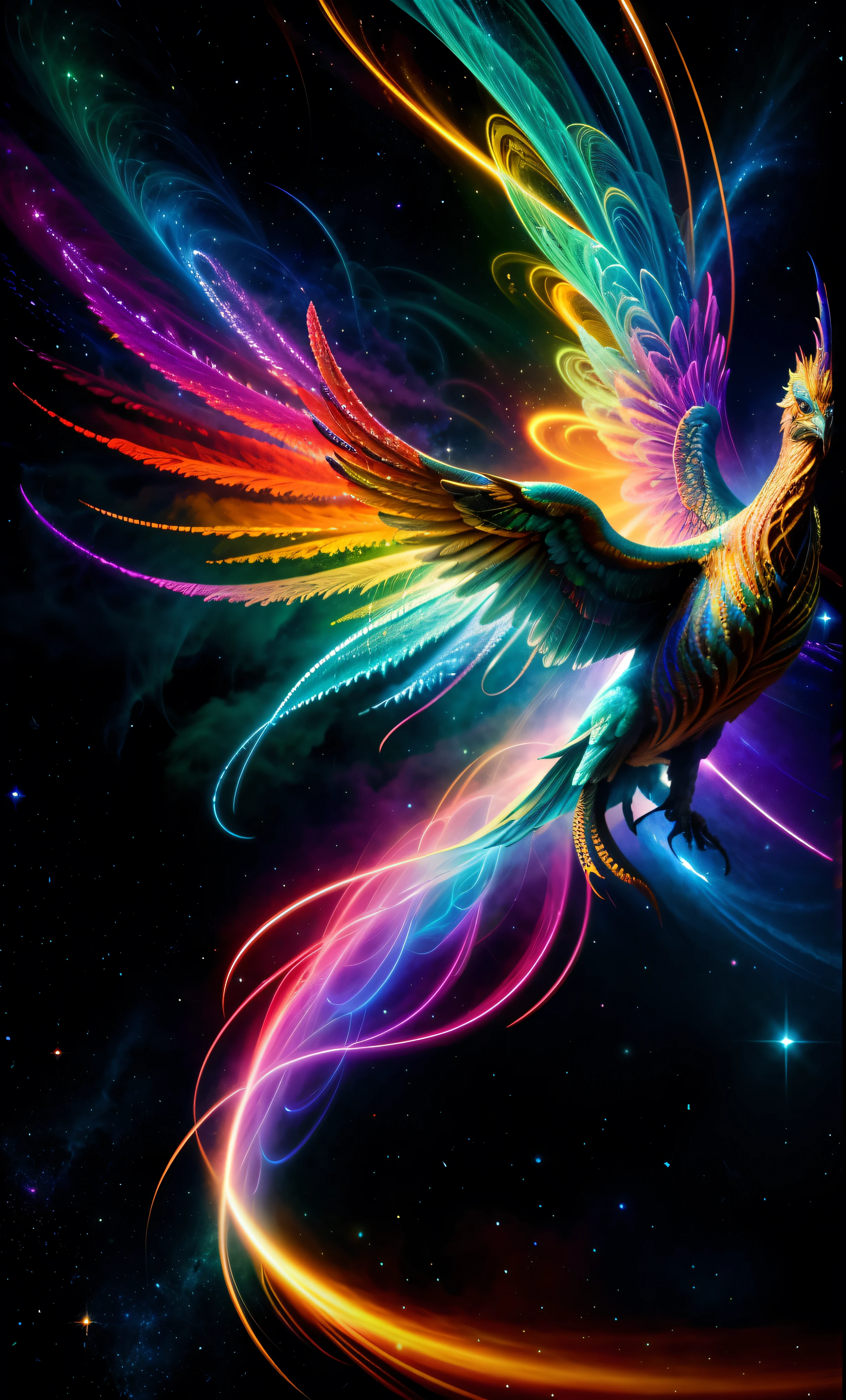 Photo Milky Way River, spiral, space, nebula, Star, smokes, Rainbow, Intricate details, In the form of a phoenix, Octane Rendering, 8k hyper-realistic, Realistic textures, Unreal Natural Light Engine, film alembic 800, (35mm lens)