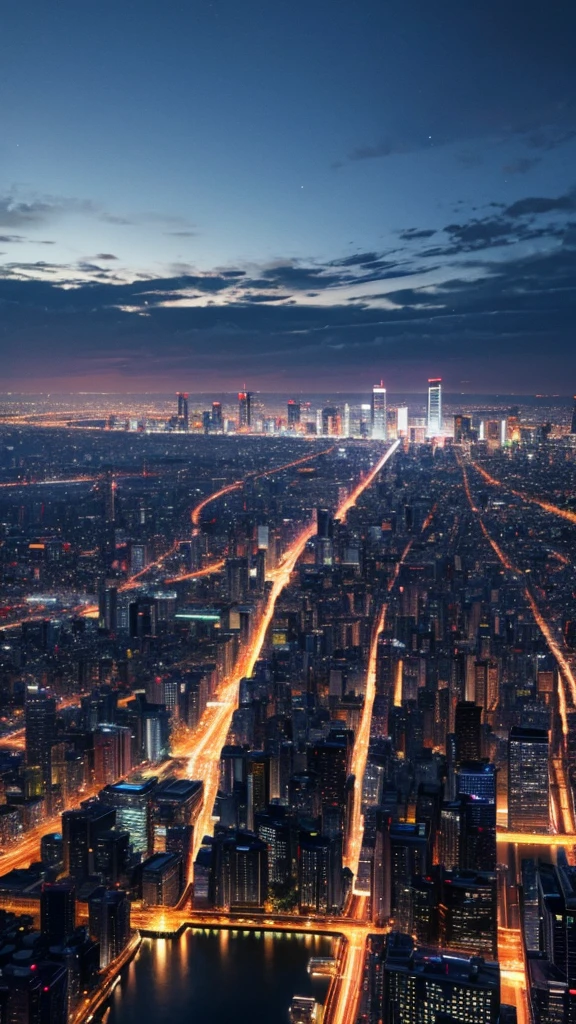 A cityscape of Tokyo at night, devoid of stars with skyscrapers silhouetted against a dark blue sky.