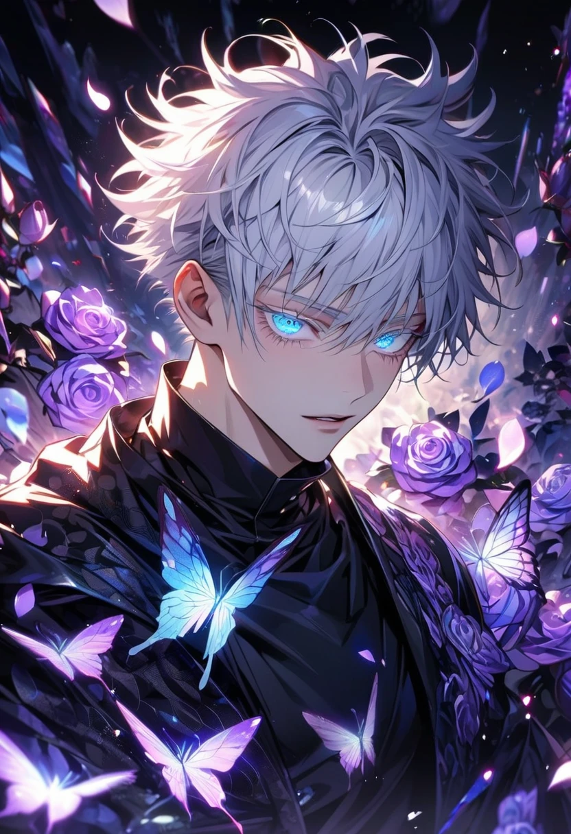 Ultra detailed, HDR, Highres, absurdres, master piece, Gojou Satoru, expressive blue eyes, white hair with bangs, white eyelashes, Jujutsu Kaisen, black coat with patterns, black tight shirt, purple glittering butterflies, purple ice, petals, purple ice roses, sexy man, solo, extremely detailed face and eyes, extremely handsome, glittering, glittering eyes,