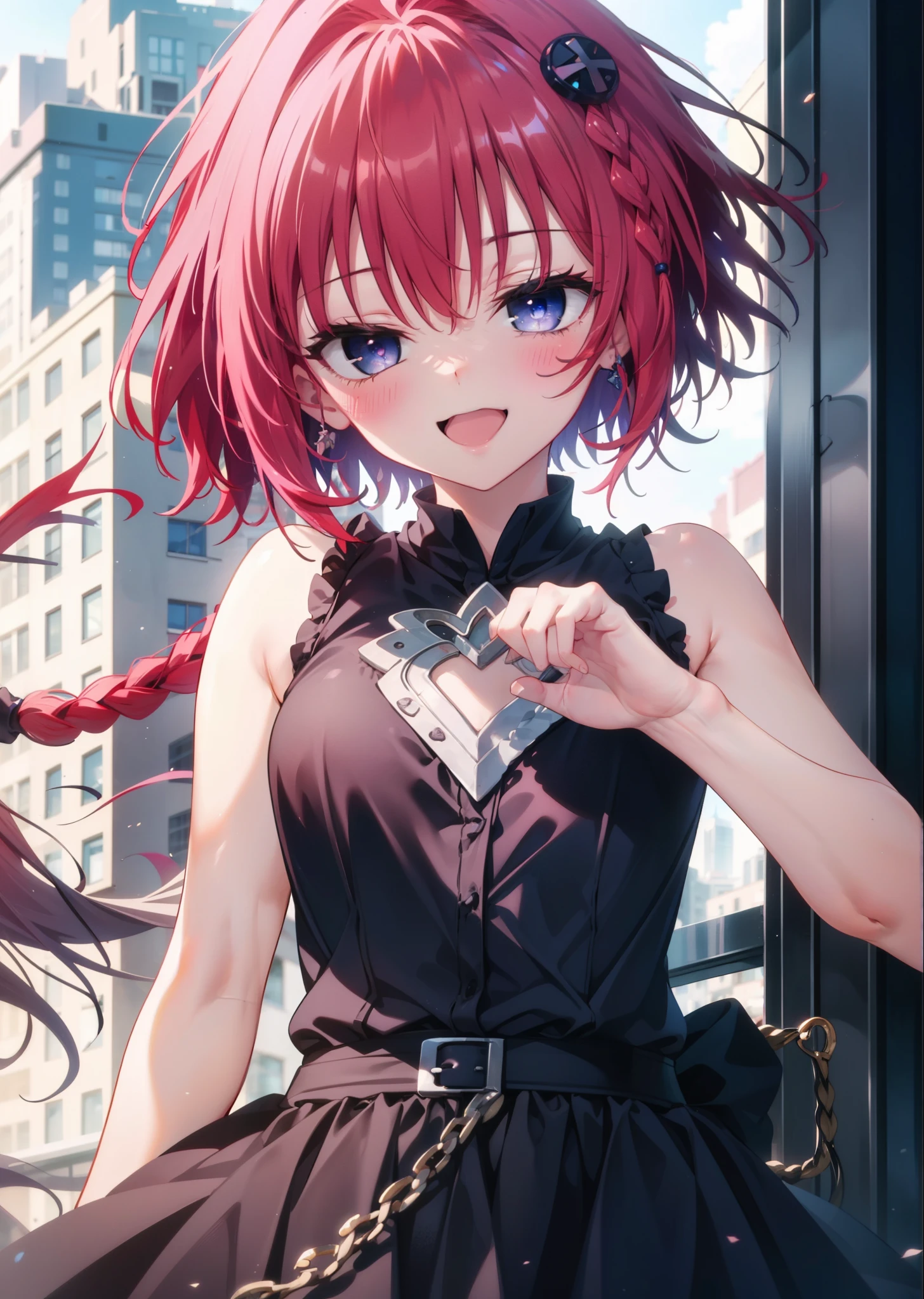 (masterpiece, highest quality:1.2),shape,8k,High resolution,kurosaki mea,Cowboy Shot,As if your whole body is in the illustration,1 girl,happy smile, smile, Open your mouth,Red hair,Long braids,Upper Body,(Portraiture:1.2),hair ornaments,smile,Purple eyes,Medium Chest,White Hair Band,ponytail,Sleeveless dress,Long skirt,Cute Sandals,happy smile, smile, Open your mouth,smile,blush, Building district (Cowboy Shot:1. 5),(masterpiece:1.2), highest quality, High resolution, unity 8k wallpaper, (shape:0.8), (Beautiful and detailed:1.6), Highly detailed face, Perfect lighting, Extremely detailed CG, (Perfect hands, Perfect Anatomy),