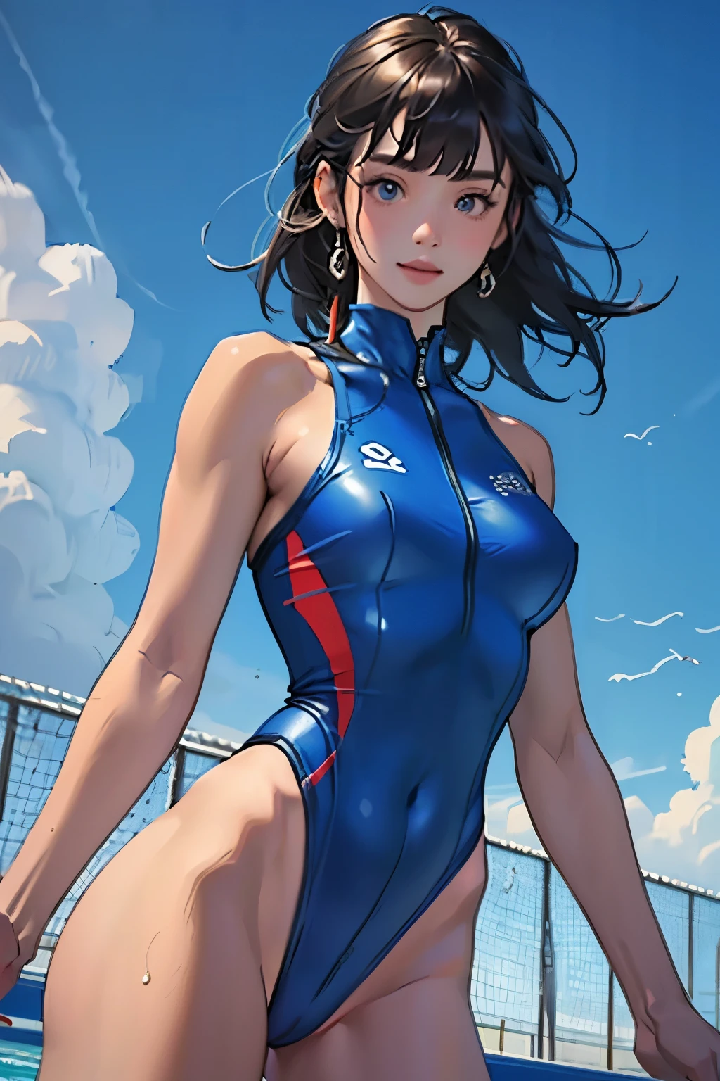 masterpiece、highest quality、High resolution、Two realistic girls、Competitive swimmer、Close-up of a person、Wearing a blue bodysuit、During Competitive swimmerics competitions、smile、Swimming Venues、Sexy competitive swimsuit
