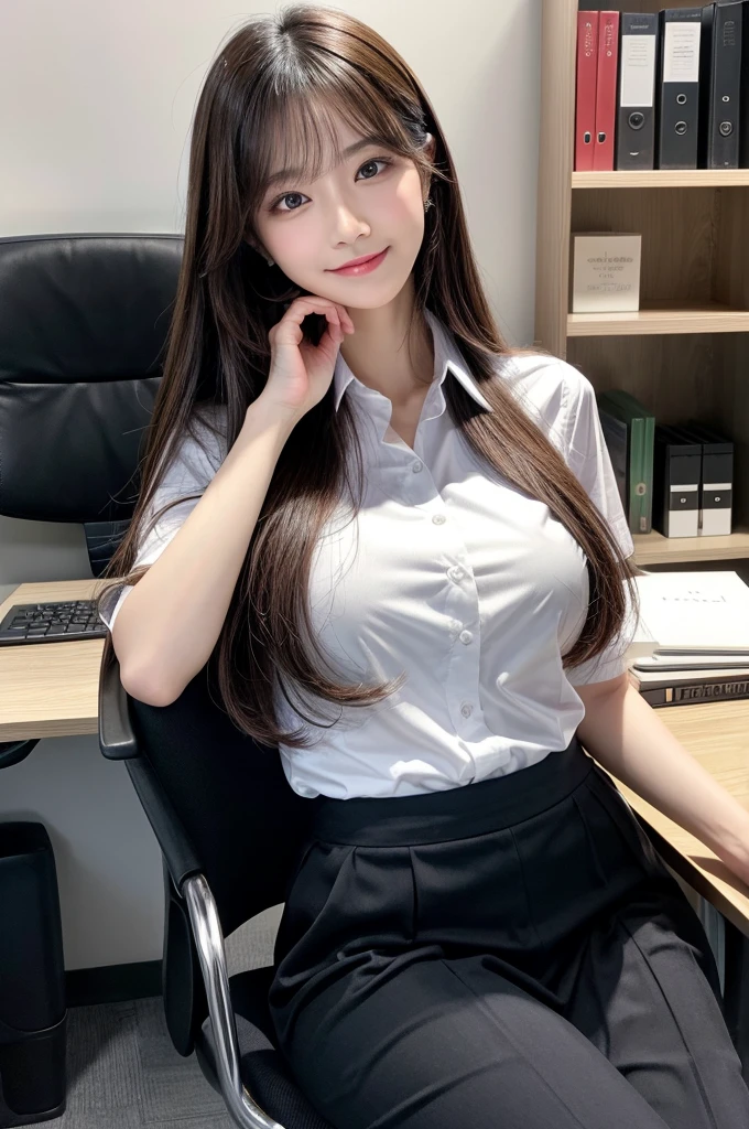 (Natural background), masterpiece, highest quality, shape, Very detailed, finely, High resolution, 8k wallpaper, 完璧なダイナミックな構shape, finelyて美しい目, Big Breasts, Natural color lip, Strike a mischievous pose, smile, ((office)), Full Body Shot, Long Hair, ((working office uniform)), (dark), Thinking Ahead, Sit on a chair