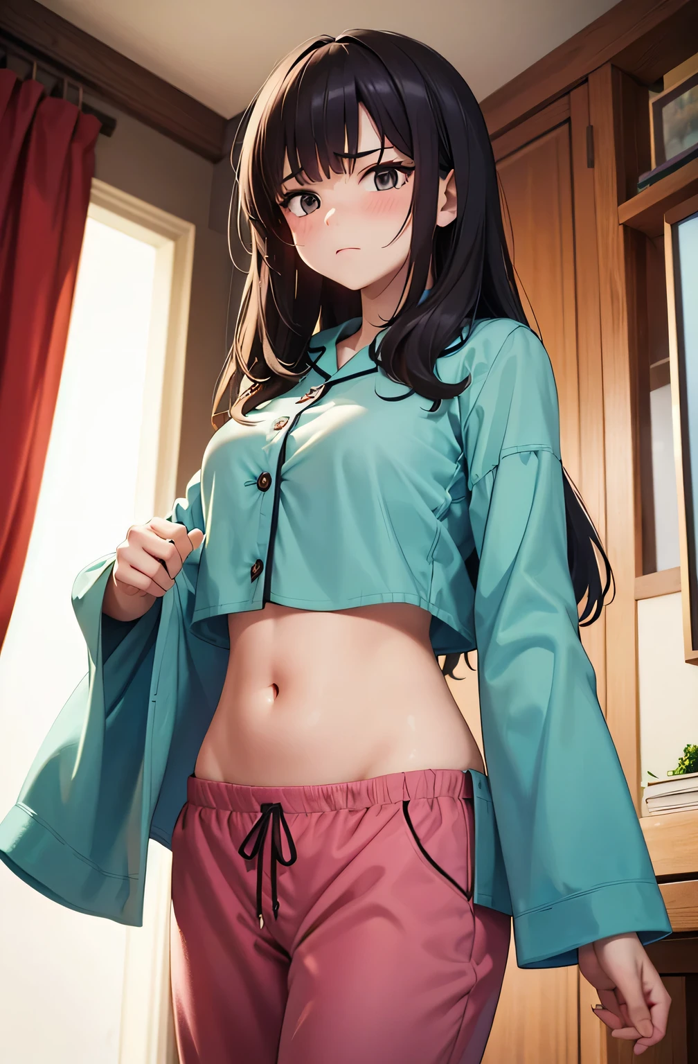 ((best quality)), ((masterpiece)), (detailed), perfect face,  girl, (((white pyjama shorts))), ((embarrassed:1.5)), ((blushing:1.2)), skinny waist, skinny thighs, ponytail, loungeroom with couch, (((arms behind head))), (((black hair))), (((bare midriff))), ((bare feet))