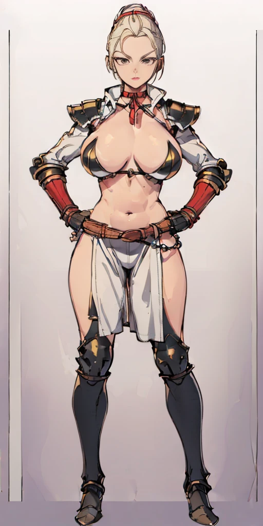 ((Plain background 1:2)) (Cammy White Street Fighter 6) Female full body standing straight symmetrical looking to the viewer RED full body armored (handcuffs, shackles, rerebrace, faulds, poleyn, gauntlets, leather collar choker) big belt under belly button, navel, belt over belly button ((hands on hips))