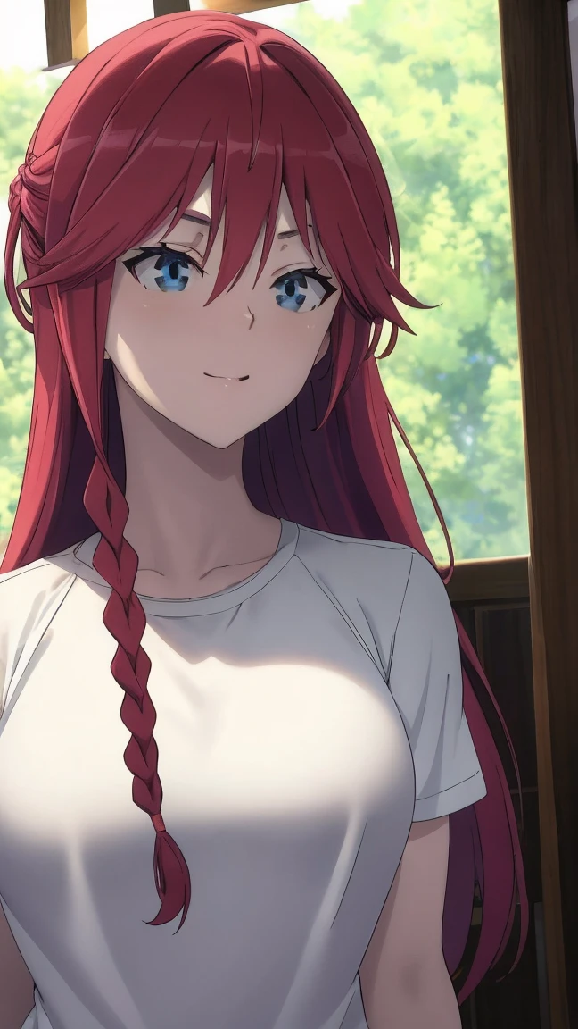 masterpiece, (best quality), 1woman,1girl ,lilith_asami,    long hair, red hair,   blue eyes , braid, side braid, white sweater, shirt, pants,      large breasts,,sexy woman,  adult, smile, blush, vibrant colors ,,natural lighting  ,RTX,  beautiful, (detailed face:1.2), showcase, (perfect eyes:1.1) ,(photorealistic:1.1), 8k uhd,  looking at viewer,   outdoors,  simple backround