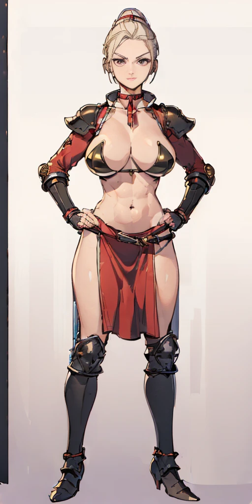 ((Plain background 1:2)) (Cammy White Street Fighter 6) Female full body standing straight symmetrical looking to the viewer RED full body armored (handcuffs, shackles, rerebrace, faulds, poleyn, gauntlets, leather collar choker) big belt under belly button, navel, belt over belly button ((hands on hips))