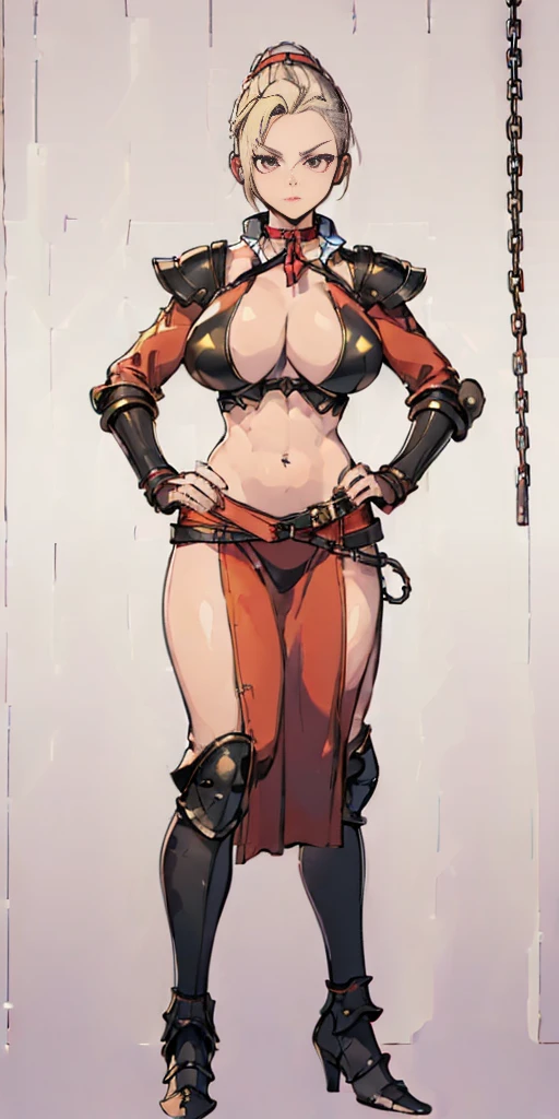 ((Plain background 1:2)) (Cammy White Street Fighter 6) Female full body standing straight symmetrical looking to the viewer RED full body armored (handcuffs, shackles, rerebrace, faulds, poleyn, gauntlets, leather collar choker) big belt under belly button, navel, belt over belly button ((hands on hips))