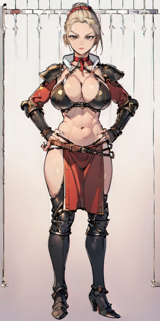 ((Plain background 1:2)) (Cammy White Street Fighter 6) Female full body standing straight symmetrical looking to the viewer RED full body armored (handcuffs, shackles, rerebrace, faulds, poleyn, gauntlets, leather collar choker) big belt under belly button, navel, belt over belly button ((hands on hips))