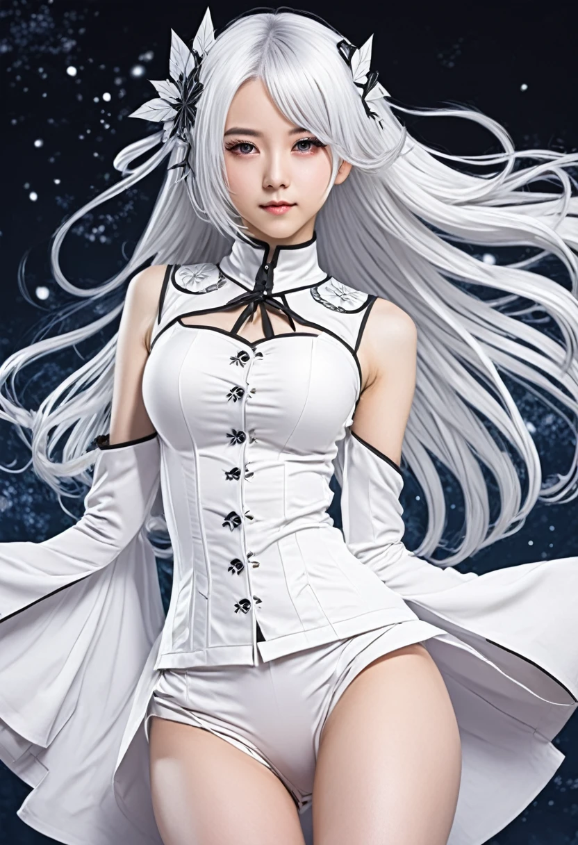 Close-up of a white-haired woman holding a pole，White Cat Girl，Full color illustration of comic Barbie doll in white stockings，knights of zodiac girl，White-haired girl in full body view of perfect white fox anime。Full color illustration cover，The visual style is clear，It perfectly embodies the charm of a girl with white hair。