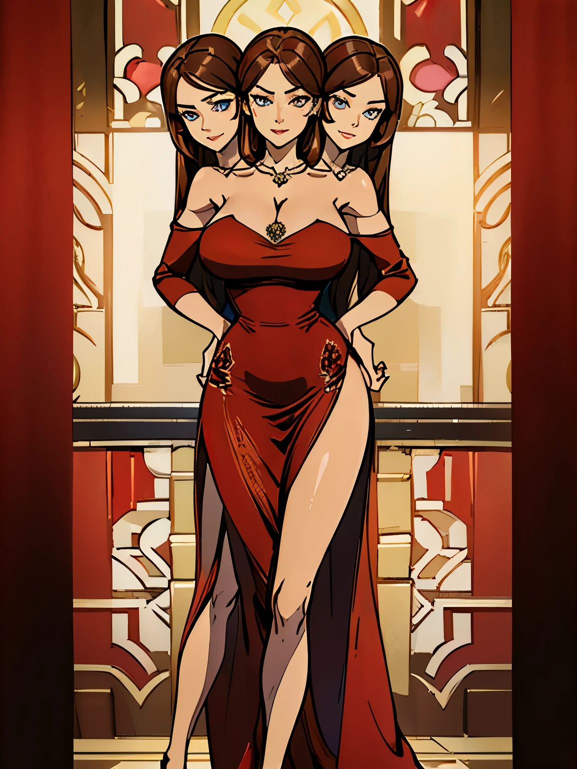 best quality, (masterpiece),(ultra-detailed), (high quality), (high resolution), ((2heads:1.5)), best quality:1.5, highres, UHD, 16K), two headed woman, smiling, highres, masterpiece,((brown hair)), ((different hair color)),cleavage, ((red dress:1.5)), lustrous and smooth skin, huge breasts, (mature woman), (blue eyes), seductive silhouette, ((slim hips)), casual dress, sexy proportions, Beautiful girl with accentuated slender abs, long legs, seductive woman, ((very detailed eyes:1.5)), bodycon dress, strapless, necklace, sleeveless