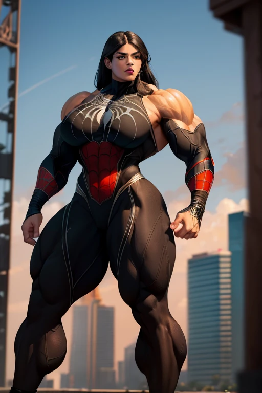 ((((Massive, beautiful, buff, light brown skinned, muscular woman with black hair, black lipstick, massive muscles and wearing an all black Spider-man suit with pants)))), vascular body, massive muscle, massive biceps, hyper muscle triceps, (straight long hair), orange eyes, (Spider-Man suit), high heels boots, city, at midnight, smirk, hyper muscles arms, hyper muscle legs, ginormous buff arms.