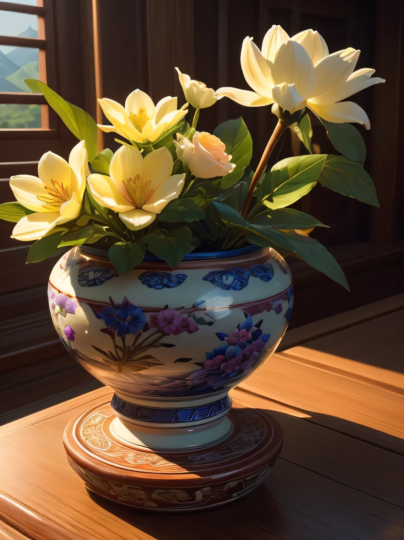 ((masterpiece、highest quality、Genuine、Very detailed、High resolution、Realistic、Sharp focus))、High saturation、High Contrast、 Mountain of flowers and fruits、Fairy、Chinese architecture、Very detailed carving、southern ice、porcelain、Backlight