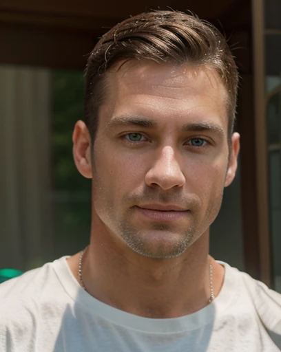 handsome 40 year old desirable caucasian man with distinguished features, ((playing the drums)), light brown medium length hair, clean cut haircut, (shaved face), (intriguing green eyes), seductive smile with a gentle expression, athletic build, tall height, wearing a white tee shirt, detailed depiction of facial features, perfectly symmetrical face, crisp details, ultra-fine rendering, concert lighting which masterfully accentuates his excellent features,