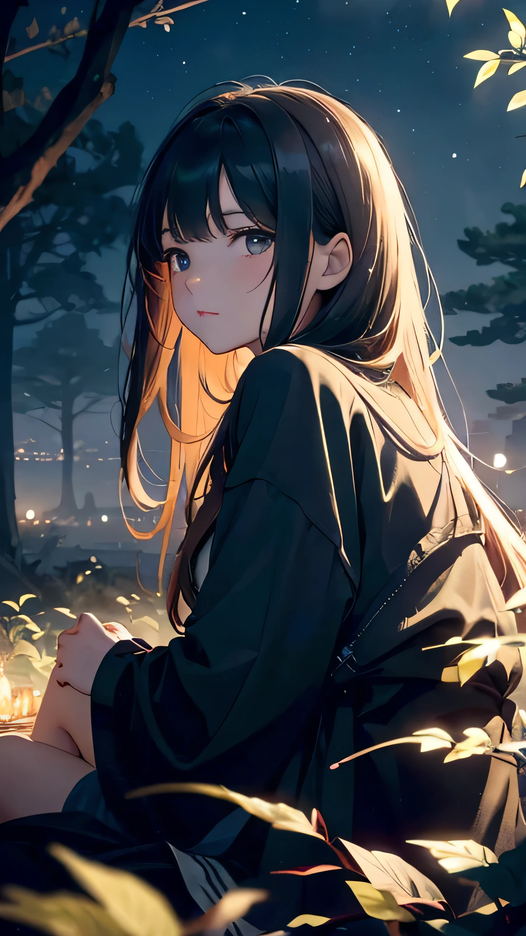 Masterpiece, top quality, 16K UHD,
sitting beneath a tree,
One girl, lost in the wonders of the night,
Alone, engrossed in the beauty of the starry sky,
Outdoors, surrounded by the serene scenery,
Gazing at the milky way,
The cityscape in the background a silhouette,
The octans constellation shining brightly amongst the stars,
The stillness of the night broken only by the gentle rustling of leaves,
The long hair of the girl flowing in the cool breeze,
The night sky, a canvas of infinite beauty,
Cinematographic lighting illuminating every detail