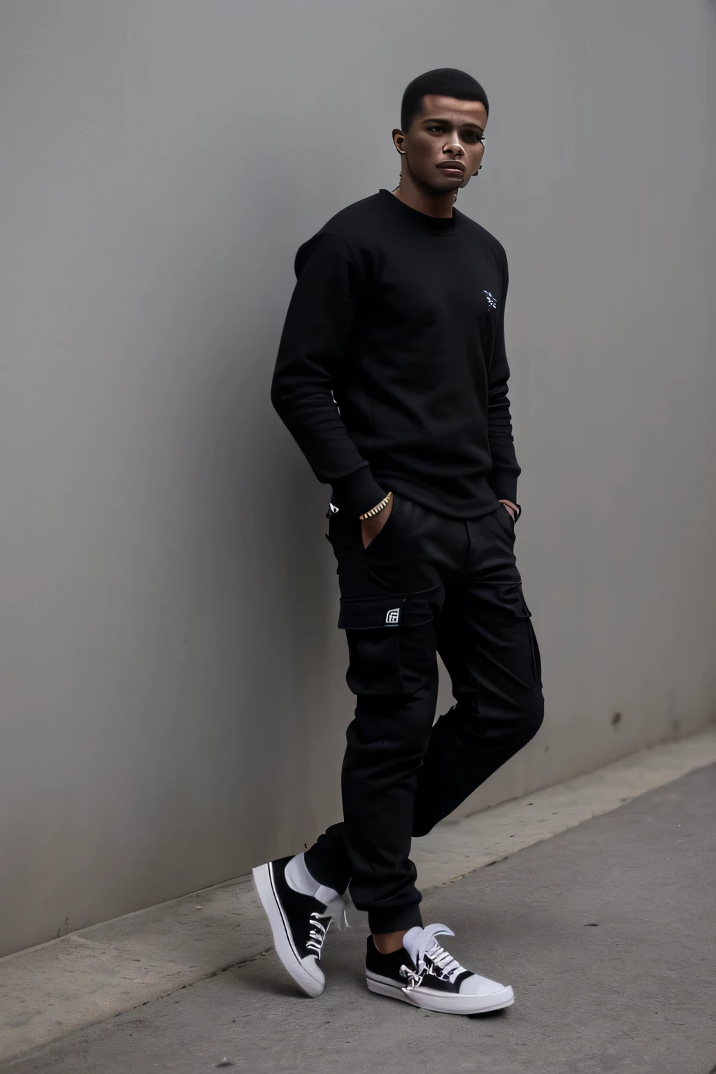 Homem Branco de Moletom Preto, black cargo pants, Black all star sneakers, Smoking