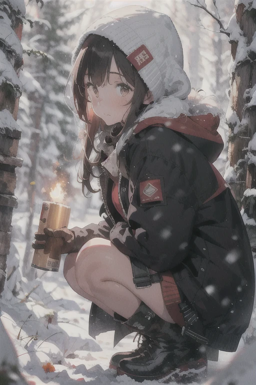 1girl, solo, snow, long hair, hood, fire, outdoors, brown hair, boots, snowing, from side, tree, suitcase, cloak, blurry, hood up, forest, gloves, nature, brown eyes, red gloves, squatting, closed mouth, hooded cloak, winter, depth of field, black footwear, red cloak