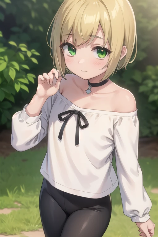 {1boy:1.2}, suzuya aki, nijisanji, virtual youtuber, blonde hair,short hair,bangs,green eyes, choker, off shoulder , white shirt,off-shoulder shirt, long sleeves,black ribbon,loafers,frilled shirt, yoga pants　　　, white socks, kneehighs,otoko no ko,{flat chest:1.3},cowboy shot,masterpiece,best quality,ultra detailed、,Bobcut, (Green Eyes:1.5), Blonde, ,smile,blush,, blush, ,animal_pose　,droopy eyes,big eyes