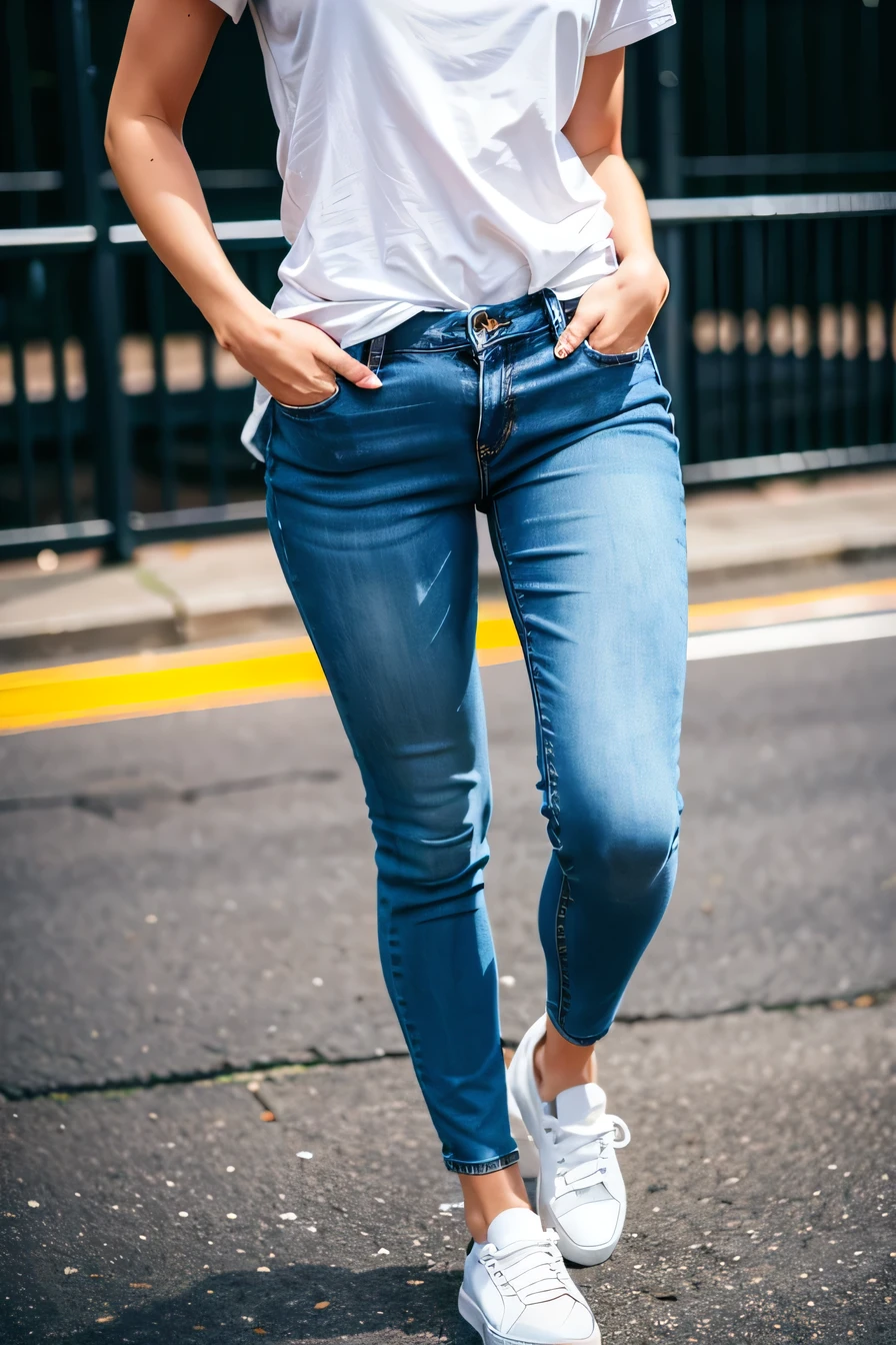 Woman in sneakers , feet, Skinny jeans、close