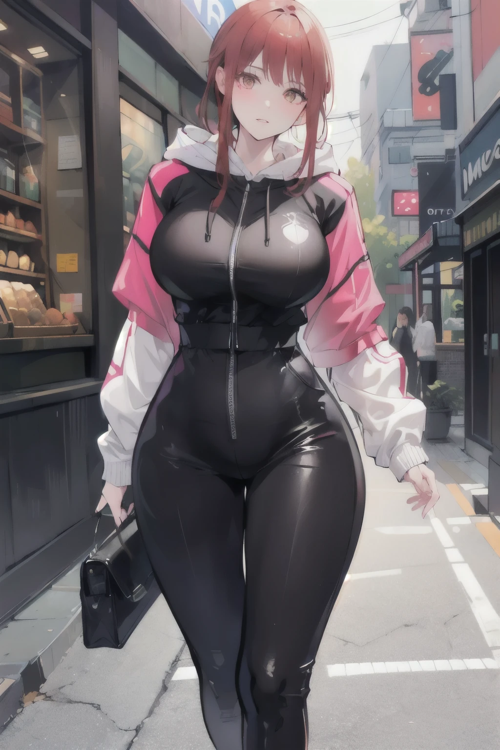 a scared and embarrassed redheaded woman, hair in a ponytail, her bright eyes super detailed, full lips painted red, chiseled physique and wide hips. She wears a closed black leather jumpsuit, whose shiny surface accentuates her shape. A windbreaker with a hood and a neon pink interior covers your shoulders and a pleased skirt. Walking down a busy street, she attracts glances from onlookers. This image exudes realism, capturing the essence of a fragile and embarrassed figure. Digital art, high definition and photorealistic technique