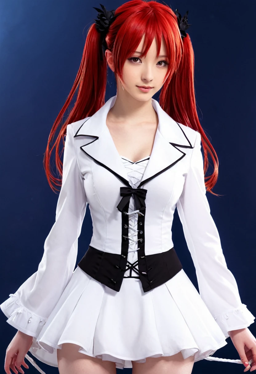 A young woman who uses red hair magic white clothes with black details anime style Mága