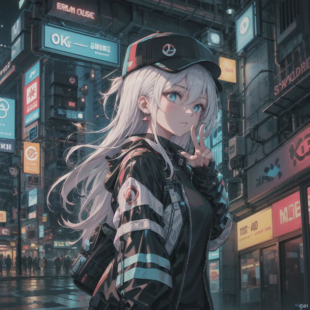1 girl, solo, colorful, blue eyes, cyberpunk, cityscape, moon background, peace sign, earrings, white hair, hat, neon sign, beautiful lights, character focus, CG illustration, bust shot, white color jacket, 8k resolution, very detailed, anatomically correct, digital painting, concept art, clear picture,