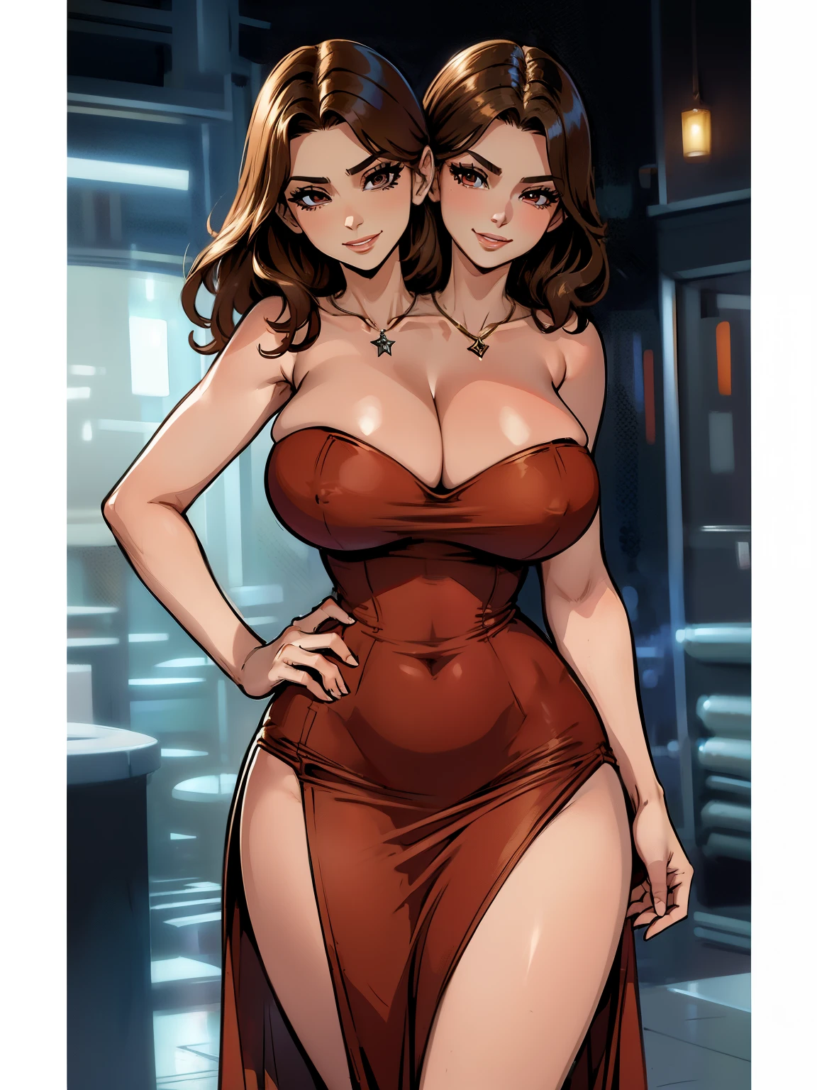 best quality, (masterpiece),(ultra-detailed), (high quality), (high resolution), ((2heads:1.5)), best quality:1.5, highres, UHD, 16K), two headed woman, smiling, highres, masterpiece, ((brown hair)),cleavage, ((red dress)), lustrous and smooth skin, huge breasts, (mature woman), (black eyes), (queen), seductive silhouette, ((slim hips)), casual dress, sexy proportions, Beautiful girl with accentuated slender abs, long legs, seductive woman, party background, necklace, body con dress, strapless, sleeveless
