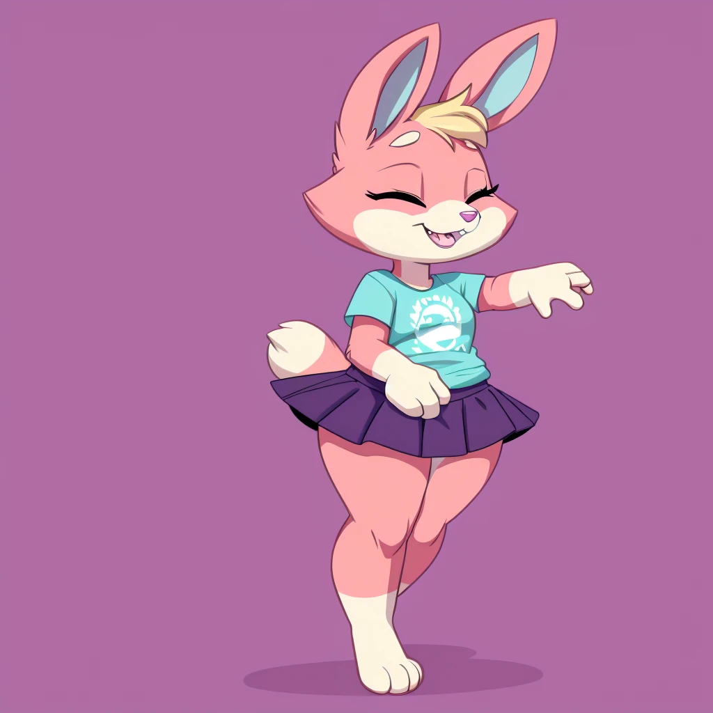 Babs bunny, concept art solo, cute, cub, Babs, bunny, girl, eyes closed, Pink eyelids, rabbit teeth, pink nose, pink body, pink head, pink ears, pink legs, white cheeks, white feet, white tail, ears drooping, lop-eared, black shorts, thick thighs, yellow T-shirt, purple skirt, purple bows on the ears, doing the hard way,