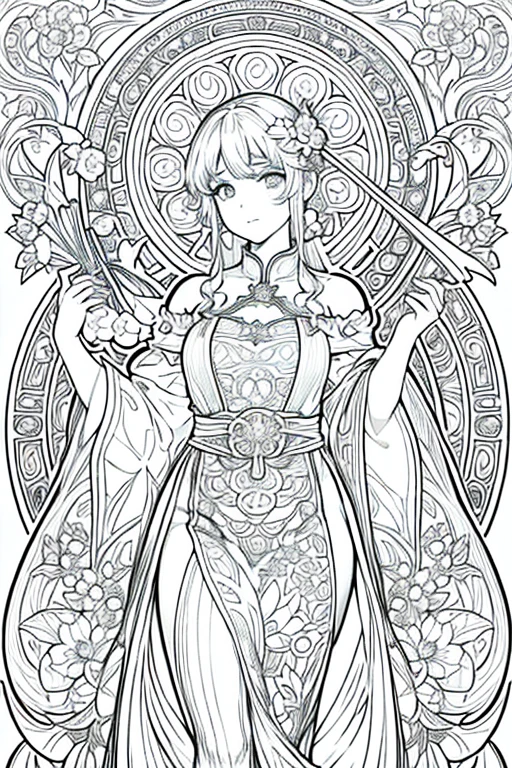 Imagine a Mucha-style coloring book for coloring books。It features a thick black outline。Bold line finish、Producing visuals that captivate the viewer。This style of rendering、Perfect for coloring books、Drawn down to the smallest detail、colorless、colorless