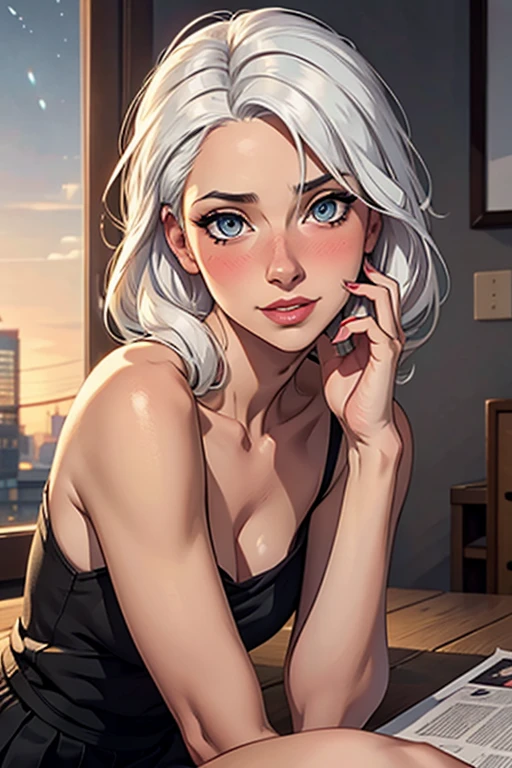 (masterpiece), best quality, expressive eyes, perfect face, adult, 

One Skinny female,  , black skirt,  looking at viewer, mischievously, (blushing) , hand on cheeks, (white hair:1.2),

(sharp, blend, soothing colors, film grain:1.3), bokeh, (muted colors), (soft lighting),