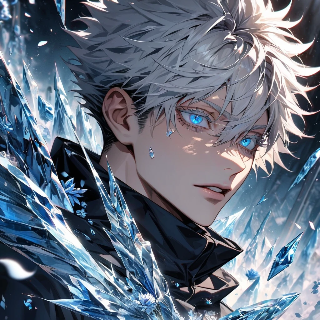 absurdres, highres, ultra detailed, HDR, master piece, best quality, extremely detailed face and eyes, perfect face, beautiful eyes, Gojo Satoru, white hair with bangs, hair between the eyes, expressive blue eyes, white eyelashes, Jujutsu Kaisen, solo, sexy man, handsome, ice clock, ice butterflies, ice trees, ice flowers, ice petals
