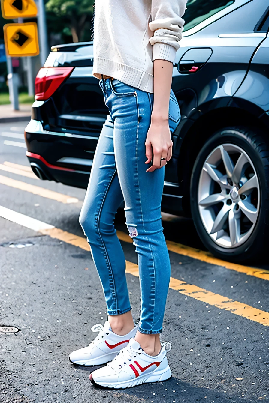 Woman in sneakers , feet, Skinny jeans、close