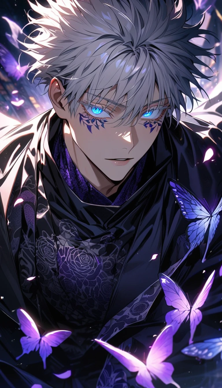 Ultra detailed, HDR, Highres, absurdres, master piece, Gojou Satoru, expressive blue eyes, white hair with bangs, white eyelashes, Jujutsu Kaisen, black coat with patterns, black tight shirt, purple glittering butterflies, purple ice, petals, purple ice roses, sexy man, solo, extremely detailed face and eyes, extremely handsome, glittering, glittering eyes,