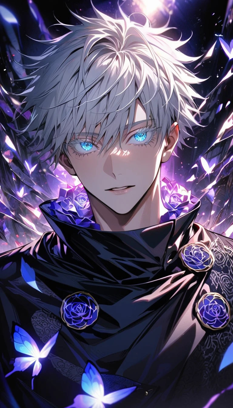 Ultra detailed, HDR, Highres, absurdres, master piece, Gojou Satoru, expressive blue eyes, white hair with bangs, white eyelashes, Jujutsu Kaisen, black coat with patterns, black tight shirt, purple glittering butterflies, purple ice, petals, purple ice roses, sexy man, solo, extremely detailed face and eyes, extremely handsome, glittering, glittering eyes,