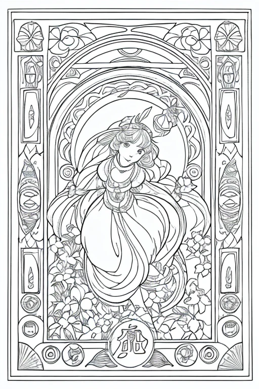 Imagine a Mucha-style coloring book for coloring books。It features a thick black outline。Bold line finish、Producing visuals that captivate the viewer。This style of rendering、Perfect for coloring books、Drawn down to the smallest detail、colorless、colorless