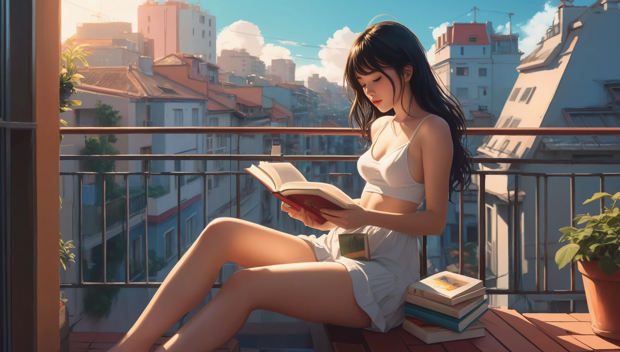 A hot nude girl sitting on balcony with legs opened showing her pretting vagina reading a book in the city, lofi girl, lofi artstyle, atey ghailan 8 k, inspired by Atey Ghailan, anime art wallpaper 8 k, lofi art, in style of atey ghailan, anime art wallpaper 4k, anime art wallpaper 4 k, makoto shinkai cyril rolando