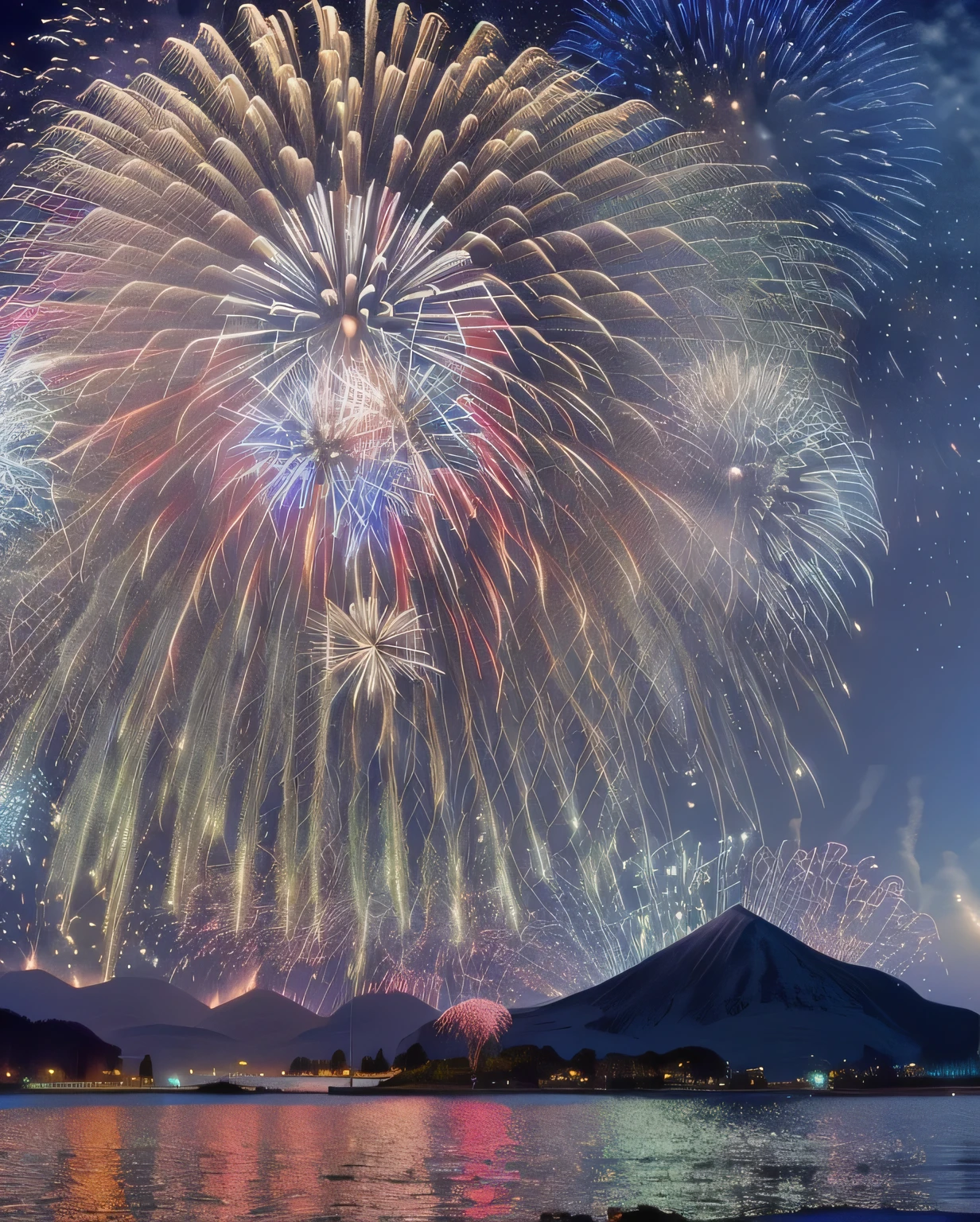 fireworks are lit up in the sky over a lake, [ fireworks in the sky ]!!, Happy!!!, National Geographic Photo, !!beautiful!!, firework, fireworks, fireworks in the background, beautiful!!, Colorful explosions, beautiful image, beautiful!!!, by Ikuo Hirayama, fireworks in background, future!!, celebrate, Complex and shining atmosphere