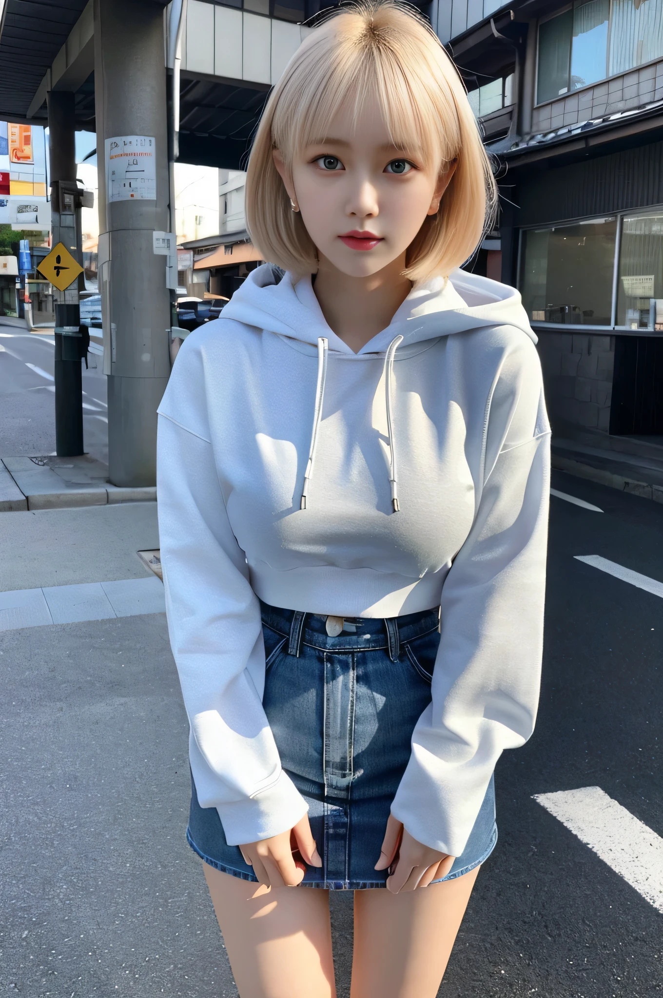 cyber punk, highest quality, masterpiece, shape, Realistic, photo-Realistic, wonderful, finely, Very detailed, High resolution, Very detailed, unity 8k wallpaper, Full body shot of a beautiful young woman with Korean-style features resembling a popular actress, Hoodie Jacket, Tシャツ Leather Skirt, (Very small breasts), thin, She has pink and bluish eyeshadow, bangs, blonde, short hair, head, and arms. Standing and looking at me, Japanese residential area, Narrow eyes, Long and narrow eye shape, Three white eyes, Confident expression, Evil look, Very slender and beautiful legs, Beautiful and thin thighs, Earrings,