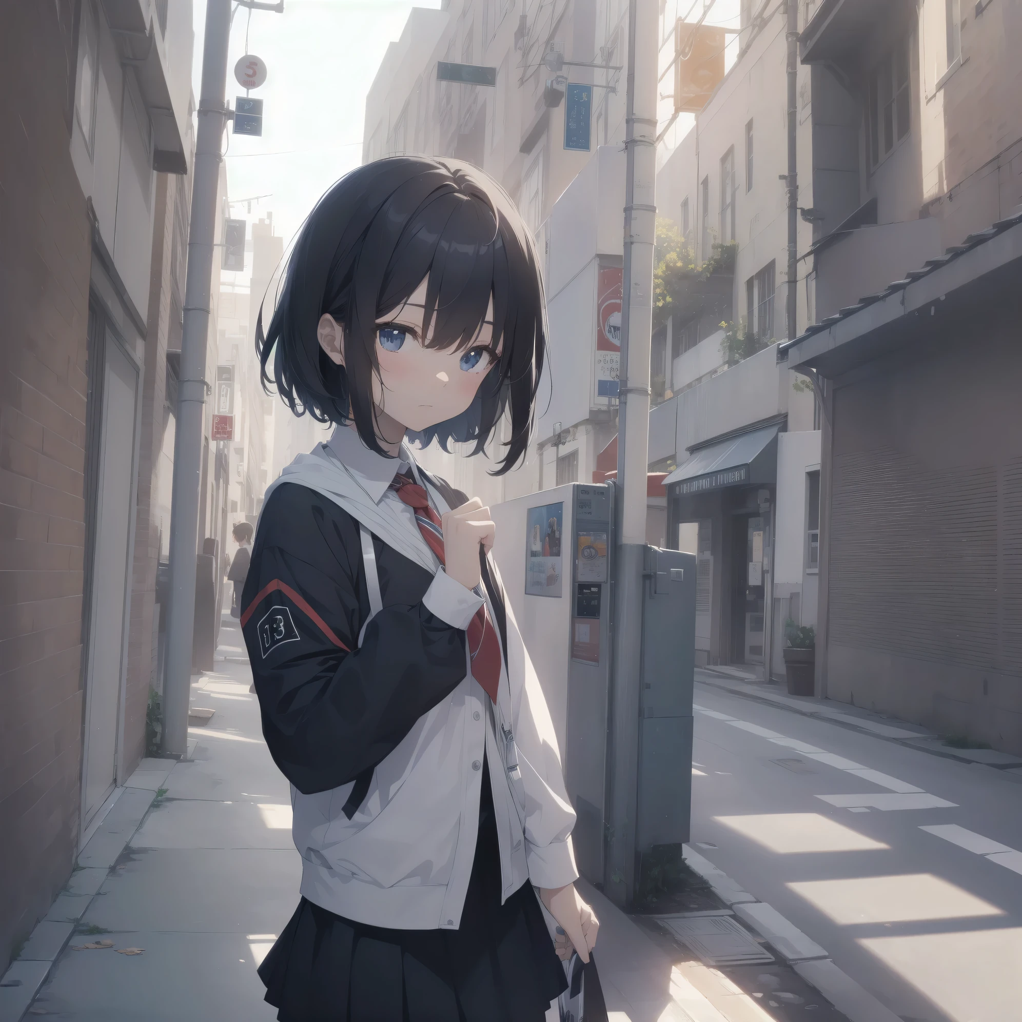 ultra-absurdres-Top quality by artist God, ultra-detailed, high resolution, anime moe artstyle, best anime 8k konachan wallpaper, pixiv contest winner, pool:2810, perfect anatomy,break, 1girl, (Please draw a girl walking sleepily to school alone. )break,(Solo,little female, 13-year-old:1.3),Full limbs, complete fingers,a junior high school student,  (very short hair), short cut, flat chest, , small butt, small black eyes, beautiful detailed eyes, well-proportioned iris and pupils, expressive eyes, highres detailed hair, soft expression, school_uniform, neckerchief, collared shirt.  pleated skirt,(Detailed Lighting), (Detailed background), in the School commute route. break,super detailed skin, Best cinematic lighting powered by famous artist, 8k,beauty illustration,photoshop_(medium),very aesthetic,break,((artist:modare )), artist:bolze ,artist:oyari_ashito ,artist:kantoku ,