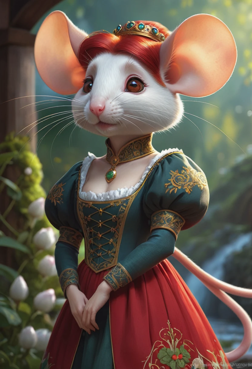 Gorgeous Humanoid Fantasy Creature That Looks Like A Mouse. Red Hair. In A Traditional Norwegian Bunad Dress.Fun, Delight, Enchantment, Whimsy. Cute. Graceful. Elegant. Ae Inspiring. Official Art, Award Winning Digital Painting, Digital Illustration, Extreme Detail, 4k, Ultra Hd, Rococo, Polished, Intricate, Realistic Fantasy Art, Sharp Focus, Concept Art, Art By Wlop, Artgerm, (2d Vector Illustration) , Greg Rutkowski, Thomas Kinkade