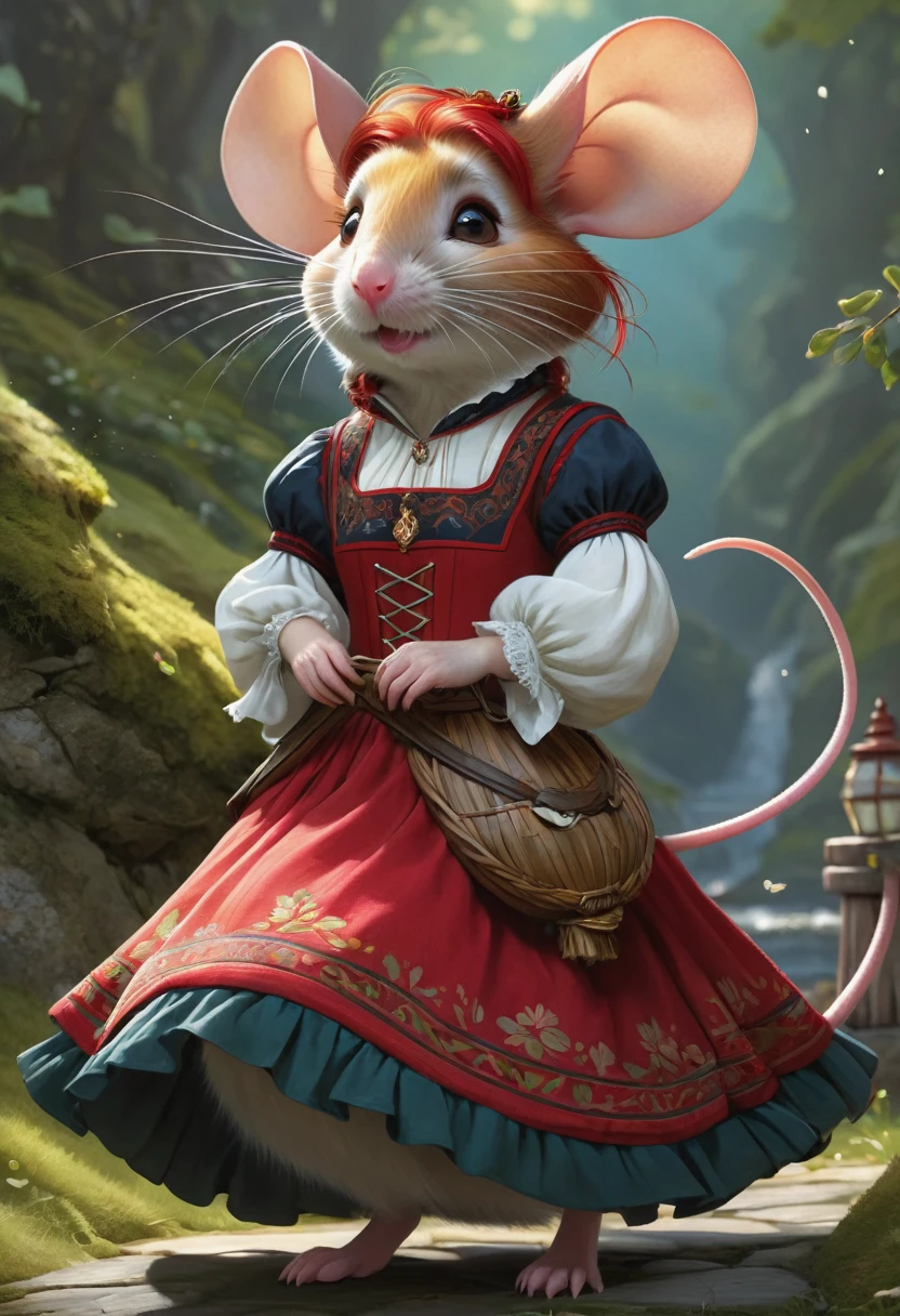 Gorgeous Humanoid Fantasy Creature That Looks Like A Mouse. Red Hair. In A Traditional Norwegian Bunad Dress.Fun, Delight, Enchantment, Whimsy. Cute. Graceful. Elegant. Ae Inspiring. Official Art, Award Winning Digital Painting, Digital Illustration, Extreme Detail, 4k, Ultra Hd, Rococo, Polished, Intricate, Realistic Fantasy Art, Sharp Focus, Concept Art, Art By Wlop, Artgerm, (2d Vector Illustration) , Greg Rutkowski, Thomas Kinkade