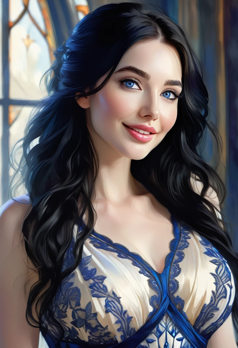 Digital Art Of A 25 Year Old Women, Long Black Hair, Ethereal Skin Resembling Ivory, Deep Sapphire-Blue Eyes That Radiate Kindness, Goddess Face, Long Black Lacy Dress. Gorgeous Smile, Hour Glass Figure, Full Chest, Jessica Green, Adelaide Kane, Molly Quinn. Whimsical. Scenic Background. Digital Illustration, Approaching Perfection, Dynamic, Highly Detailed, Watercolor Painting, Artstation, Concept Art, Smooth, Sharp Focus, Illustration In The Style Of Artists Like Russ Mills, Sakimichan, Wlop, Loish, Artgerm, Darek Zabrocki, And Jean-Baptiste Monge Between Castles
