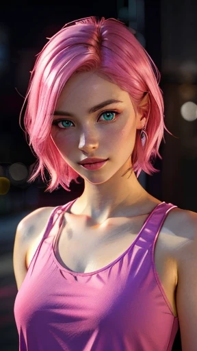 young woman, short shoulder-length pink hair, wide forehead, porcelain skin, pink eyebrows, big emerald green eyes, buttoned nose, full lips, heart-shaped face, slender body, small breasts, red tank top, Sakura Haruno , realistic, realism, details, 3d, well detailed
