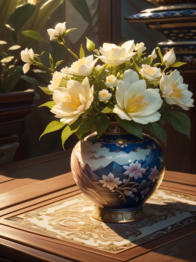 ((masterpiece、highest quality、Genuine、Very detailed、High resolution、Realistic、Sharp focus、Cinematic lighting))、Backlight、((Very delicate and beautiful porcelain))、High saturation、High Contrast、 Mountain of flowers and fruits、Fairy、Chinese architecture、Extremely detailed engraving、southern ice