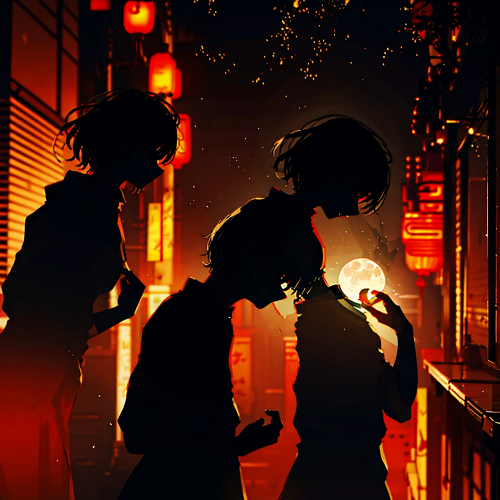 silhouette, light particles Silhouette of the beast, The silhouette of a wolf is reflected, close background, China Street, Chinatown, natta, nigh sky, betterHands