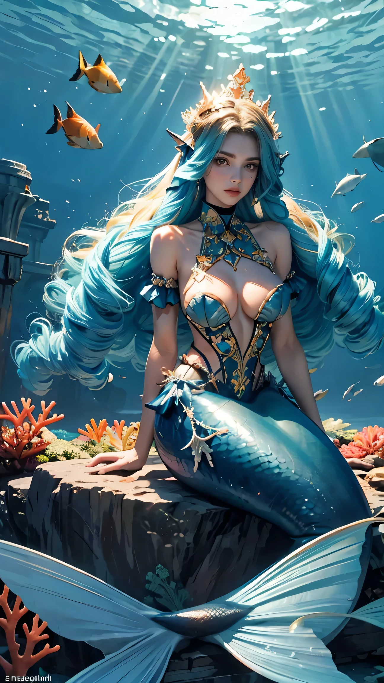 Best Best quality, masterpiece, ultra high res, raw photo, beautiful and aesthetic,deep shadow, dark theme,(photorealistic:1.4),
1girl, latex with frills, bodysuit, sitting, coral, underwater, on seabeds, Headdress, hair ornament, full of coral and sea element, drill hair, long hair, blonde hair, gradient hair, yellow eyes, solo, huge breasts, big hair, blue hair, tiara, divine goddess, looking at viewer, underwater sea palace, Seafoam, Buble, shells, Fish, pearls, conch, ocean floor, astraea, full body, Fish ear, Mermaid,