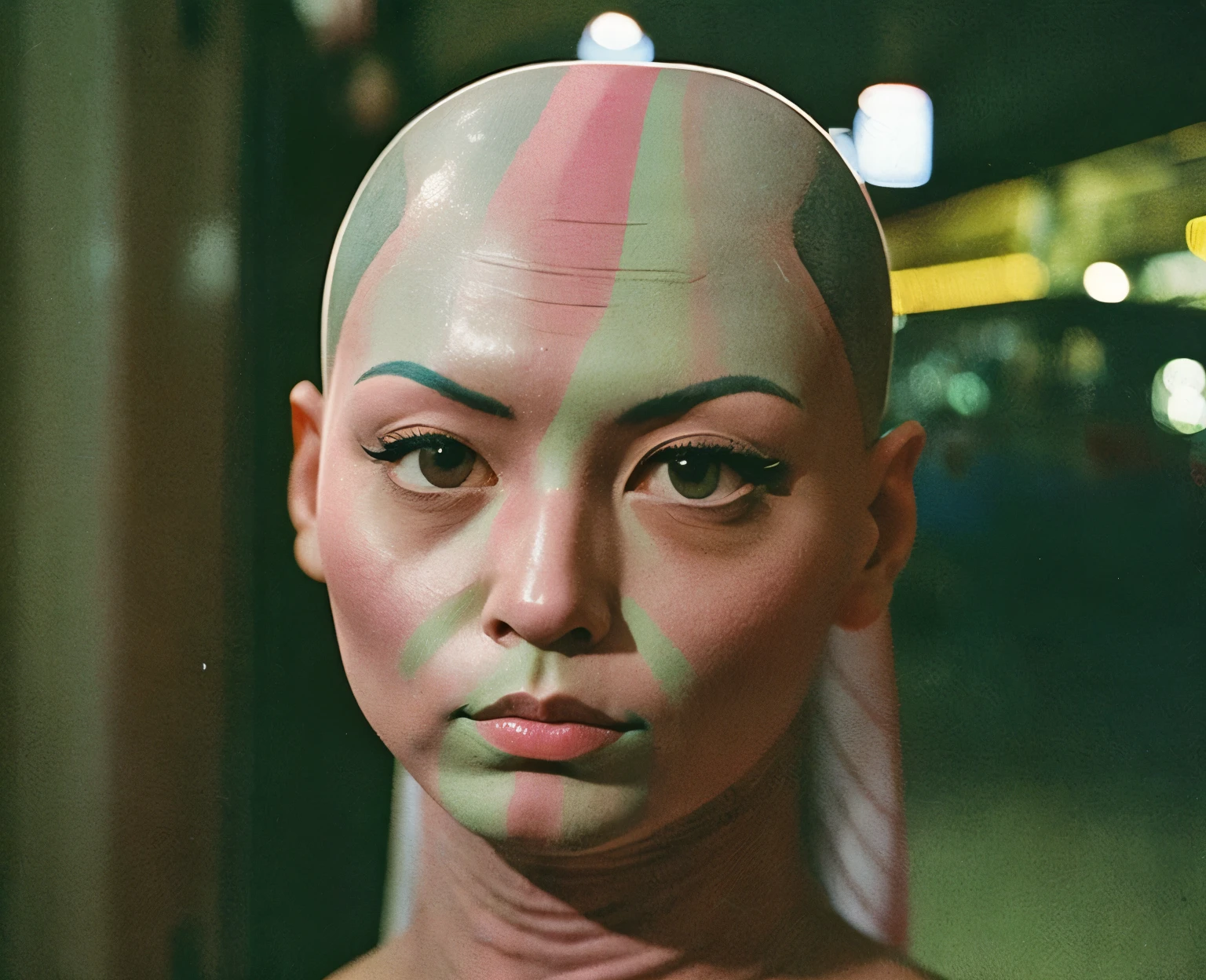 color unsharp masking quality. A human sphynx-cat hybridization man. Japanese. thick outline. blurry photo. color slide film. 1958.