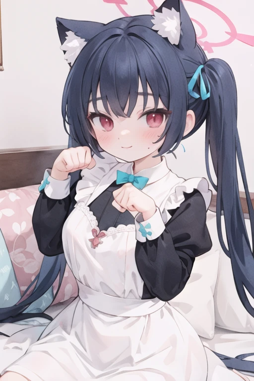 serika_bluearchive,cat ears,looking at viewer, little smile,pure white maid dress, maid, slim, dizzy, big-chest, wide hips, perfect waist, day atmosphere, hair ornament,paw pose