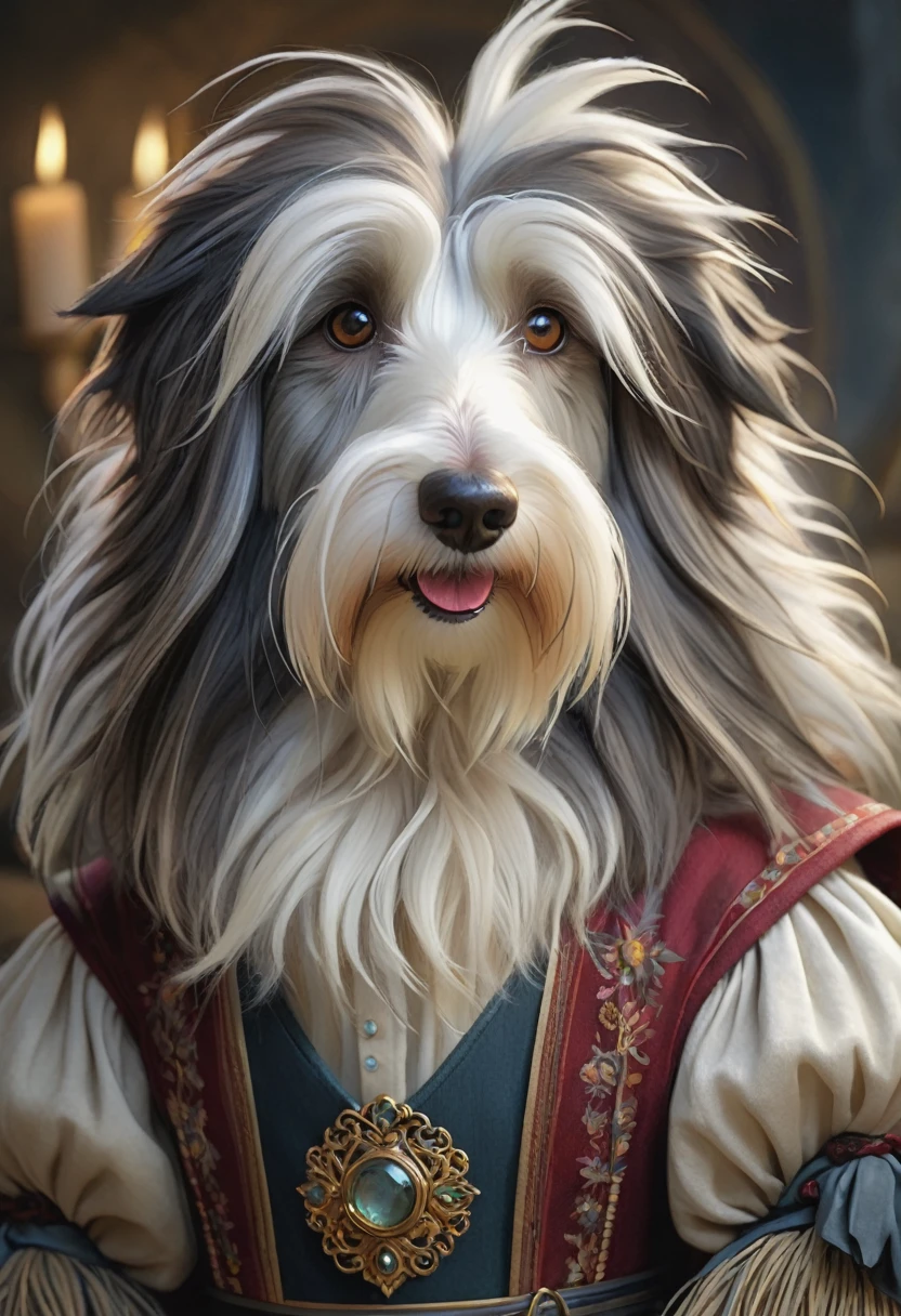 Brian Froud Inspired Gorgeous Humanoid Fantasy Creature That Looks Like A Bearded Collie.  In A Traditional Norwegian Bunad Dress.Fun, Delight, Enchantment, Whimsy. Cute. Graceful. Elegant. Ae Inspiring. Official Art, Award Winning Digital Painting, Digital Illustration, Extreme Detail, 4k, Ultra Hd, Rococo, Polished, Intricate, Realistic Fantasy Art, Sharp Focus, Concept Art, Art By Wlop, Artgerm, (2d Vector Illustration)

